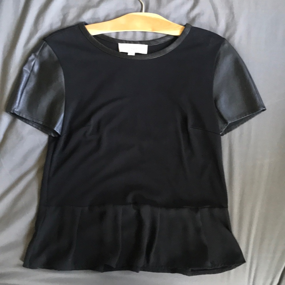 LOFT Peplum top with faux leather sleeves